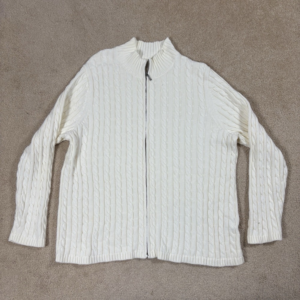 L.L. Bean Men's 3X Cable Knit Full Zip Mock Neck Sweater Ivory 100% Cotton